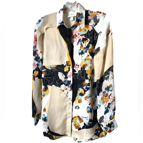 3.1 PHILLIP LIM | Floral Print Collared Button Front Sheer/Silk Blouse - Picture 4 of 7